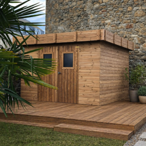 Abri toit plat en bois THT de 11.97m²/8.76 m² en madriers de 19mm + couverture en bac acier THI3030.02T