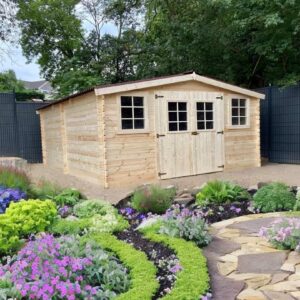 Abri/Chalet BA4040.02N de 14.47m2 fabriqué en Epicéa de 28mm avec sa couverture en plaques ondulées