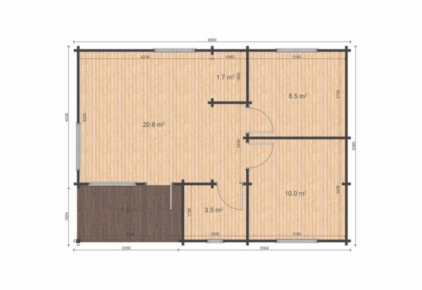 Chalet berica T2 (6.36m x 8.86m) de 44 m2 + terrasse en madriers de  68mm – Image 4