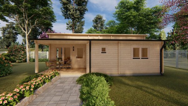 Chalet berica T2 (6.36m x 8.86m) de 44 m2 + terrasse en madriers de  68mm
