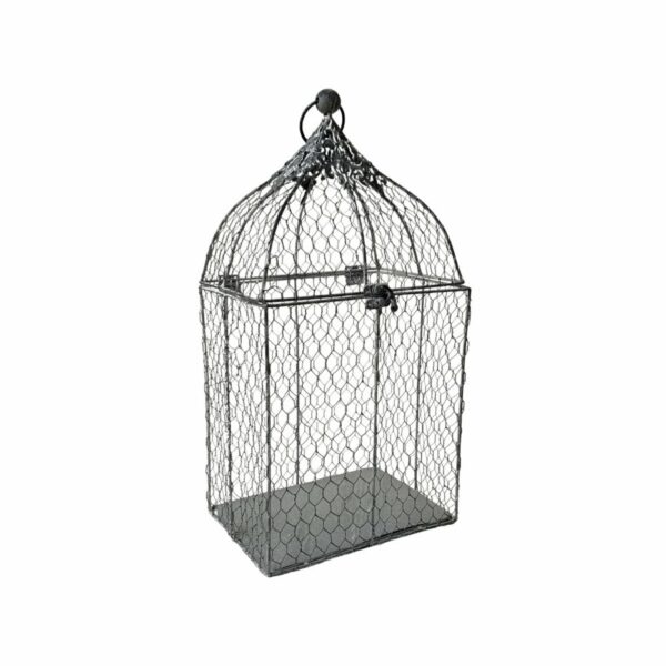 Cage à oiseaux décorative ancienne grillagée métal gris 23x17x45cm – Image 2