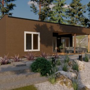 Chalet toit plat de 48 m2 + terasse en madriers de 44 mm