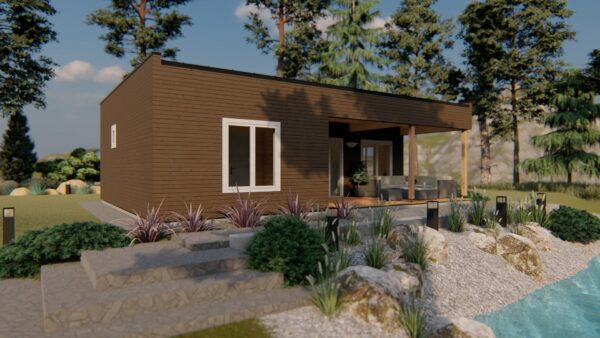 Chalet toit plat de 48 m2 + terasse en madriers de 44 mm