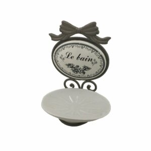 Porte savon en fer et porcelaine gris et blanc 19 x 13 cm