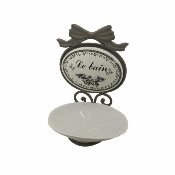 Porte savon en fer et porcelaine gris et blanc 19 x 13 cm