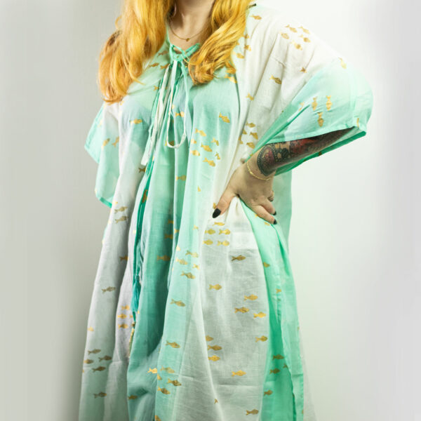 Sari Nomade Collection On the Med - Kaftan - Blanc, Turquoise & Or - Motif Poisson – Image 3