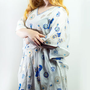 Sari Nomade Collection On the Med - Kaftan - Blanc, Bleu & Or - Motif Œil Protecteur