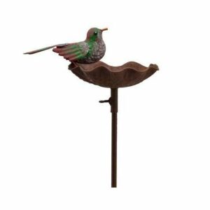 Bain à Oiseaux Abreuvoir Mangeoire Perchoir Porte Plante Bain d'Oiseau sur Pique Tuteur en Fer Patiné Marron 17x25x122cm
