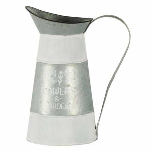 Broc décoratif en métal gris et blanc décor floral