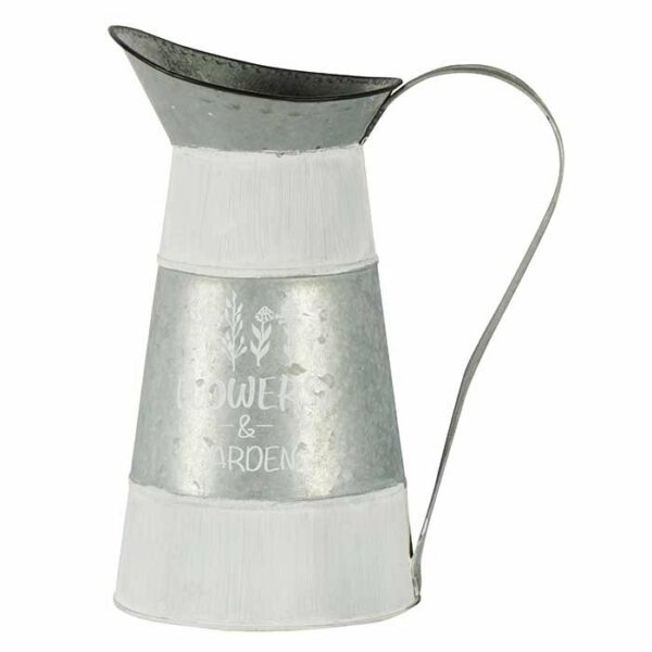 Broc décoratif en métal gris et blanc décor floral
