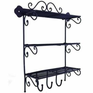 Etagère de Cuisine Murale 3 Plateaux ou Support 3 Etagères à Fixer avec 3 Crochets Porte Torchons en Fer Patiné Noir 11x33x40cm