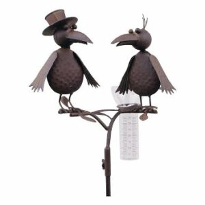 Pluviomètre à Piquer Tuteur Plante Décoration de Jardin Motif Corbeaux en Fer Patiné et Tube en Verre 23x29x130cm