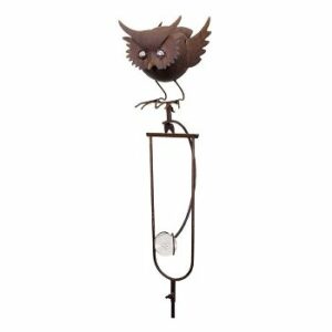 Mobile de Jardin à Balancier à Planter ou Tuteur pour Plantes Motif Chouette en Fer et Verre Patiné Marron