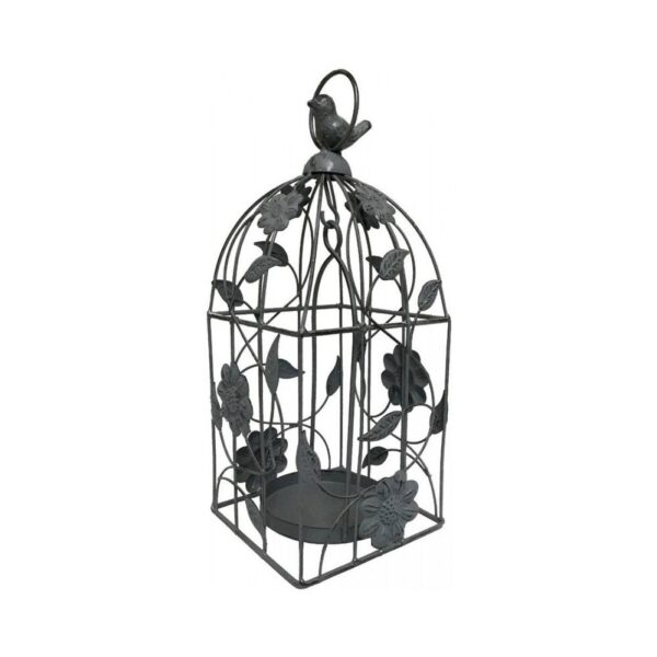 Cage à oiseaux décorative ancienne métal gris 13x13x34cm – Image 2