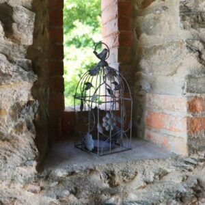 Cage à oiseaux décorative ancienne métal gris 13x13x34cm