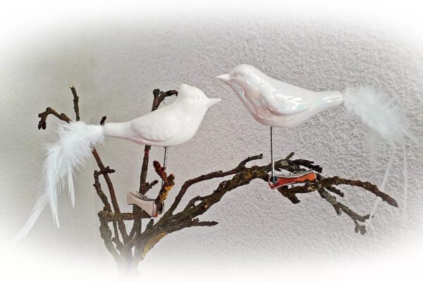 Oiseau en céramique blanche avec clip 16 cm Plumes de nacre émaillée Noël