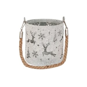 Photophore rond en métal enneigé "Rennes de Noël" Ø.12,5 x Ht.12 cm