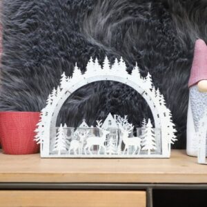 Photophore en métal enneigé "Scène de Noël" L.40 x l.10 x Ht.30 cm