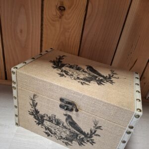 Boîte Coffret Malle Coffre en Bois Toile de Jute Oiseaux 34x22x22 cm
