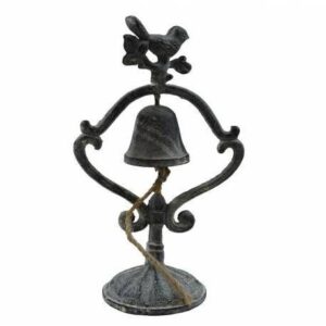 Clochette de Comptoir Motif Oiseaux ou Présentoir à Cloche Carillon à Poser en Fonte Patinée Grise 9,5x16x28,5cm