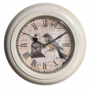 Horloge Murale en Acier avec Vitre en Plexiglass Pendule Motif Cage et Oiseau Blanc 4x32x32cm