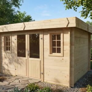 Abri BRETAN Épicéa massif - Madriers 42 mm Toit plat, BAC ACIER